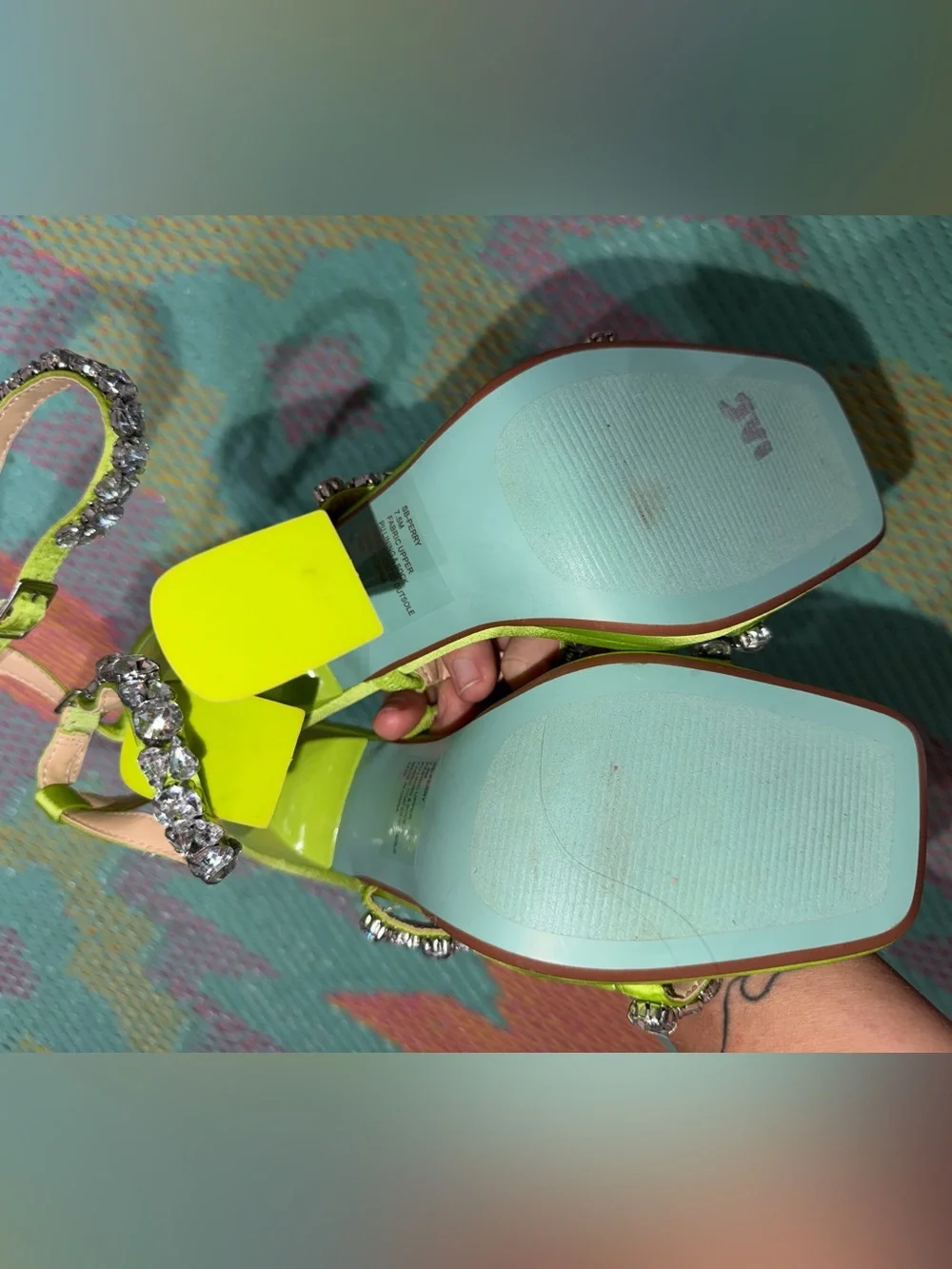 Betsey Johnson Neon Lime Satin Crystal-Strap Platform Heels